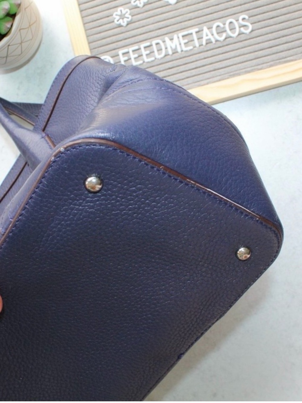 Ralph Lauren Navy Leather Satchel with Gold Hardware - Picture 13 of 16